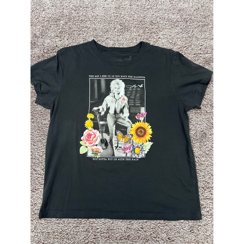 Dolly Parton Women's Graphic T Shirt Black Floral Rainbow Quote Country Music